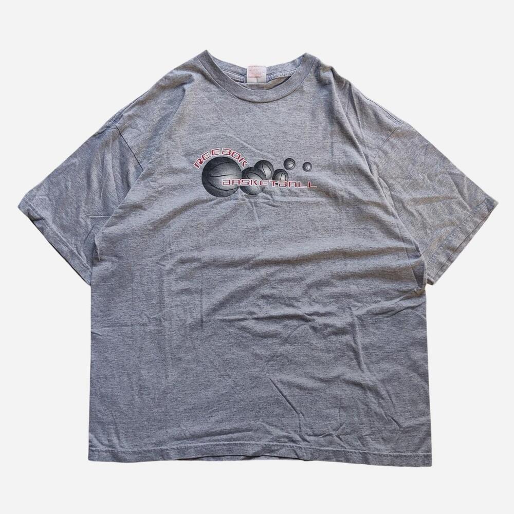 vintage 90s Gray Reebok basketball tee with basketball graphic and 'REEBOK BASKE